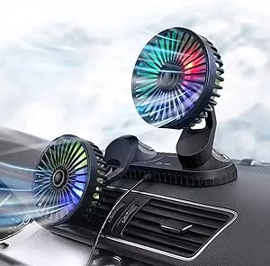 Car Fan,360° Adjustable Dual Head Cooling Air Fan USB Fan Vehicle Fan with Coloured Light Brushless Motor for Car Truck Van SUV RV Boat