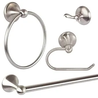 Burton Harbor 4 Piece Bathroom Hardware Bath Accessory Set with 24-in. Towel Bar and Euro Toilet Paper, Satin Nickel