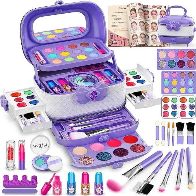 Hollyhi 58 Pcs Kids Makeup Kit for Girl, Princess Toys Real Washable Cosmetic Set with Mirror, Kids Makeup Sets for Girls, Play Make Up Birthday Gifts for 3 4 5 6 7 8 9 10 11 12 Years Old Kid(Purple)