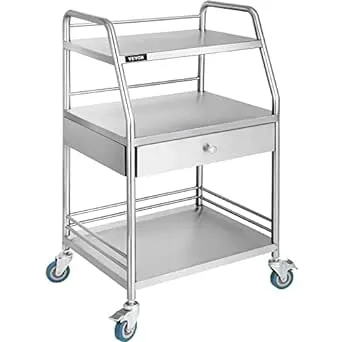 VEVOR Shelf Stainless Steel Utility Cart Catering Cart with Wheels Medical Dental Lab Cart Rolling Cart Commercial Wheel Dolly Restaurant Dinging Utility Services (2 Shelves/ 1 Drawer)