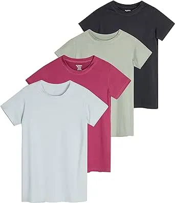 Real Essentials 4 Pack: Girls Short Sleeve Dry-Fit Crew Neck Active Athletic Performance T-Shirt