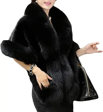 Old Dird Old Dlrd Women's Winter Faux Fur Coat Wedding Bride Cloak Cape Shawl for Evening Party (Black)