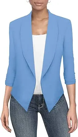 Hybrid & Company Women's Casual Work Office Blazer Jacket Open Front Shawl with 3/4 Scrunch Sleeves