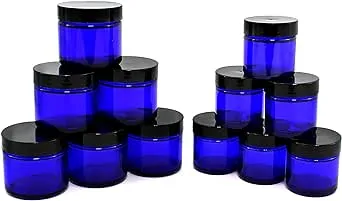 Cornucopia Brands Combination 12 Pack of Cobalt Blue 1oz & 2oz Glass Cosmetic Jars, Lids Included; Refillable Containers for Creams, Lotions