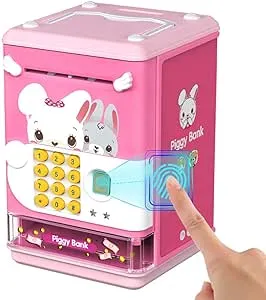 Deejoy Piggy Bank Toy Electronic Mini ATM Savings Machine with Personal Password & Fingerprint Unlocking Simulation - Music Box with Songs for Kids, Boys and Girls Age 3-8 Years (Pink)