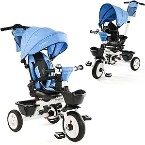 EOOWOY Baby Trike, 6-in-1 Kids Tricycle with Adjustable Push Handle, Removable Canopy, Safety Harness for 18 Months - 5 Year Old(Gray)