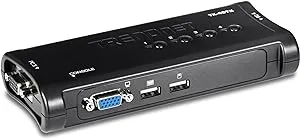 TRENDnet 4-Port USB KVM Switch Kit, VGA and USB Connections, 2048 x 1536 Resolution, Cabling Included, Control Up to 4 Computers, Compliant with Window, Linux, and Mac OS, Black, TK-407K