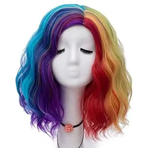 NiceLisa Women's Middle Length Water Wave Rainbow Wig