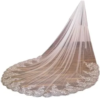 U-Hotmi Women Cathedral Wedding Veil Long Bridal Veil Lace Sequins Edge with Metal Comb