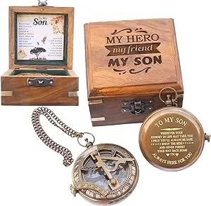 to My Son Compass - Personalized Sundial Compass with Case | Unique Gift for Son, Dad to Son Gift, Mom to Son Gift, Grandson Gift | Pocket Compass with Inspirational Engraving (Wooden Case)