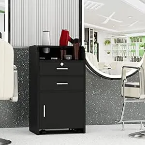 Beauty Salon/Barber Storage Cabinet Station with Locking Drawer and 4 Wheels, Hair Stylist Station with 2 Hair Dryer Holders, Black