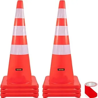 VEVOR Safety Cones, 8 x 30" Traffic Cones, PVC Orange Construction Cones, Reflective Collars Traffic Cones w/Black Weighted Base Used for Traffic Control, Driveway Road Parking and School Improvement