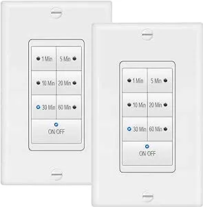 Maxxima 1875 Watt 7 Button Countdown Timer Switch - Maximum 60 Minutes Delay, 1/2 HP for Bathroom Exhaust Fans, Indoor Automated Lighting, Featuring LED Indicator Lights, Wall Plate Included - 2 Pack