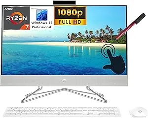 HP All-in-One Desktop Computer, 27" Touchscreen FHD, Octa-Core AMD Ryzen 7 5700U (Beat i7-1165G7), 64GB DDR4 RAM, 4TB SSD, WiFi, Bluetooth, KB & Mouse, Windows 11 Pro, BROAG 64GB Flash Stylus