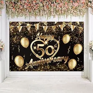 Happy 50th Wedding Anniversary Banner Backdrop Decorations, Black Gold