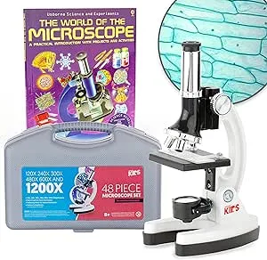 AmScope 1200X 48-pcs Kids Student Beginner Microscope Kit with Slides, LED Light, Carrying Box and Book The World of The Microscope