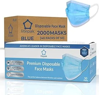 Litepak 2000pcs Premium Disposable Face Mask Soft 3Ply Nose Wire - Blue