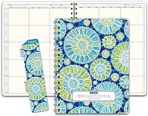 Elan Publishing Company HARDCOVER 6 Period Teacher Lesson Plan - Days Vertically Down The Side with Bonus Clip-in Bookmark (Blue Green Flowers)