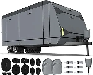 7 Layers Top Heavy Duty RV Travel Trailer Cover for 22'1"-24', Windproof Rip-Stop Anti-UV RV Cover with 4 Tire Cover & Tongue Jack Cover, Dark Gray