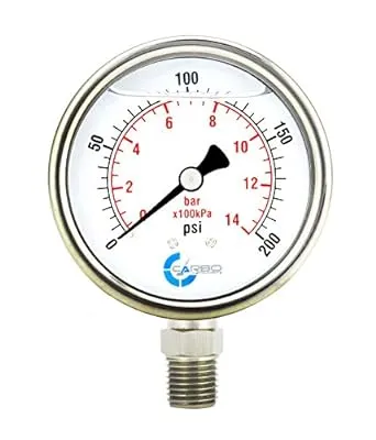 Stainless Steel Pressure Gauge Dual Display (0-200 psi/kPa) - 2 1-2" Glycerine Liquid Filled Water Air Oil Gas Gauge with Polycarbonate Lens & Brass Connection - 1/4" NPT Lower Mount