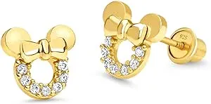 14k Gold Plated Brass Mouse Cubic Zirconia Screwback Baby Girls Earrings with Sterling Silver Post