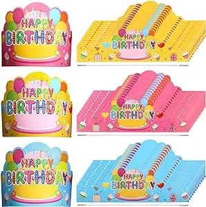 Yunsailing 36 Pcs Happy Birthday Crowns for Kids Paper Birthday Hat Crowns for Classroom Birthday Gifts Kids' Party（Pink, Yellow, Blue）