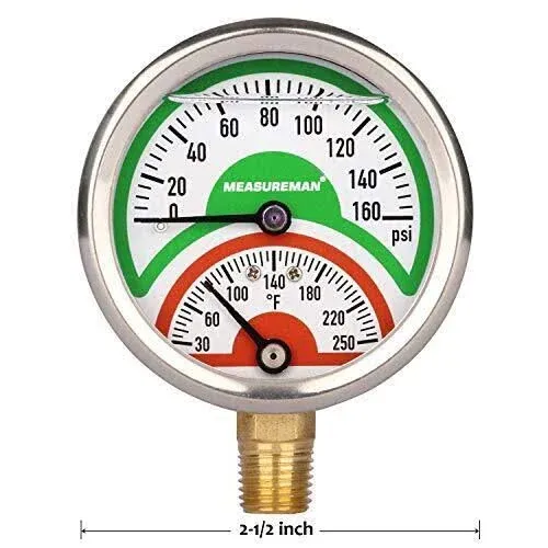 MEASUREMAN Tridicator, Thermo-Manometer, 2-1/2", Silicone Oil Filled, 0-160psi/30-250 deg F, Stainless Steel Case, 1/4" NPT Lower Mount Pressure Gauge