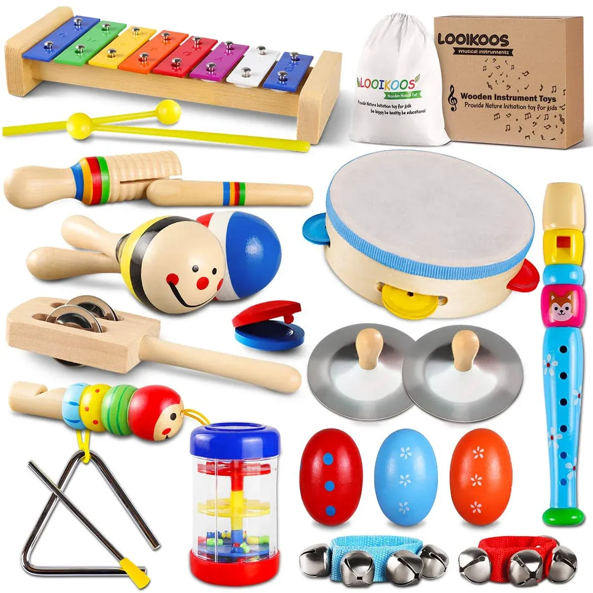 LOOIKOOS Toddler Musical Instruments Set Wooden Percussion Instruments Toy for Kids Baby Preschool Educational Musical Toys for Boys and Girls with Storage Bag