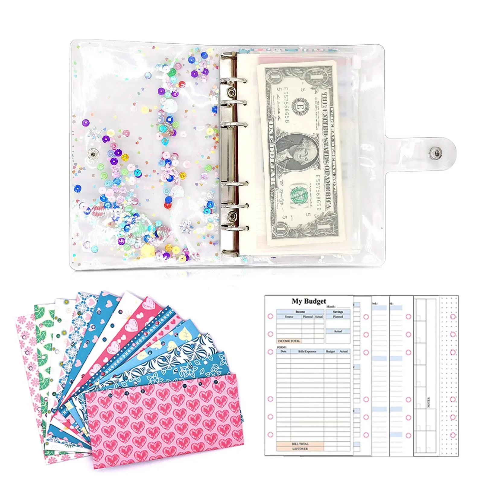 PVC Cash Envelopes Wallet Finances Organizer, 2023 Weekly & Monthly Personal Budget Planner, 6-Ring Binder Refillable Notebook Handbag with 12 Cash Envelopes & Budget Sheets Calendar