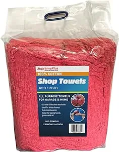 Shop Towels - Bulk Cleaning Towel in a Bag, Mechanic Cotton Wipes for Car Maintenance, Auto Mechanics & Garage, Wipe Grease & Oil, Machine Wash & Reusable (Red, 100-Pack)