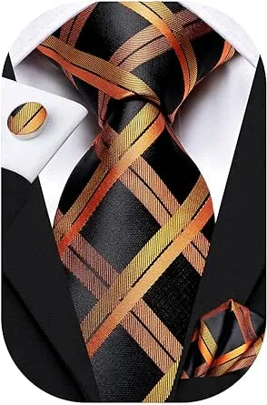 Hi-Tie Mens Plaid Ties Classic Necktie with Handkerchief Cufflinks Set