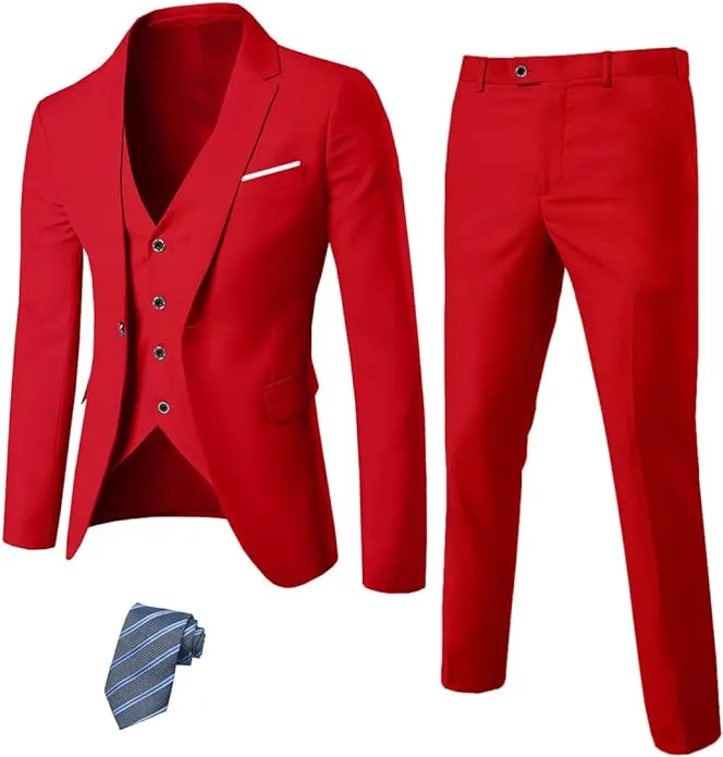 MY’S Men's 3 Piece Slim Fit Suit Set, One Button Solid Jacket Vest Pants with Tie