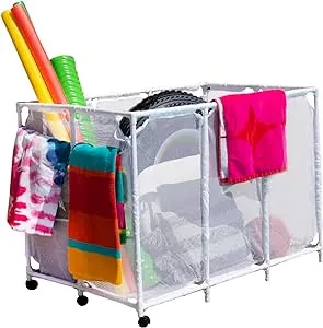 Essentially Yours Pool Noodles Holder, Toys, Floats, Balls and Floats Equipment Mesh Rolling Storage Organizer Bin, Extra-Large, (47.2" W x 30.2" L x 34" H), White Style 455119