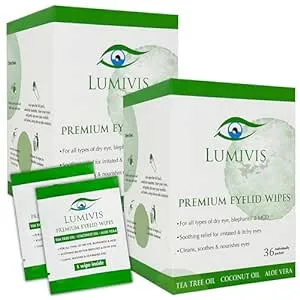 Eyelid & Eyelash Wipes with Tea Tree Oil 72 Pcs - Daily Eye Cleanser for Blepharitis, Itchy, Stye Eyes - Individually Wrapped, Natural Makeup Remover