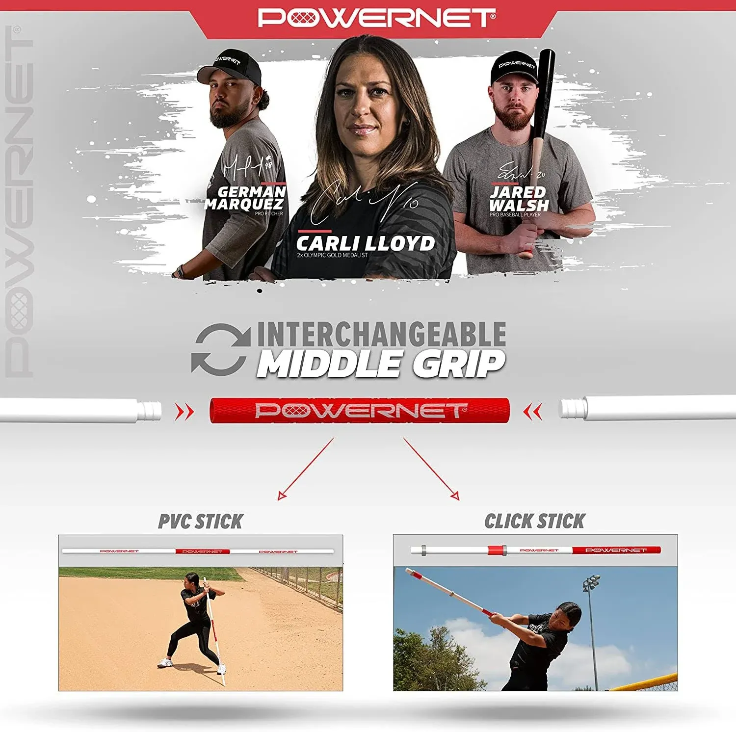 PowerNet Combo PVC/Click Stick Baseball Swing Trainer, Interchangeable Attachments Also for Softball, Training Bat for Creating Maximum Bat Speed at Contact