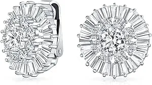 Wedding CZ Baguette Pave Round Clip on Earrings Ears Silver Plated