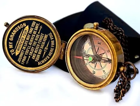 Gift for Grandson Brass Compass Engraved Quote | Memory Present to My Grandson Birthday, Baptism, Graduation, Confirmation, Love, Gift idea by Grandpa Grandma (Grandson - Always Here for You)