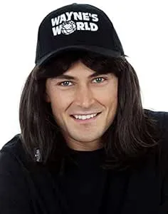 ALLAURA Wayne Wig with Wayne's Cap World Hat | Compatible with Wayne's World Wig and Hat | Mullet Costume Wigs For Men 80s Heavy Metal Rocker Wig 1980s Black Mullet Wig —80s Couples Halloween Costumes