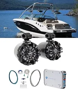 (2) Rockville WB65 6.5&#034; 600w Black Marine Wakeboard Swivel Tower Speakers+Amp