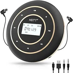 HOTT C105 Portable CD Player for Car with Bluetooth and FM Transmitter Rechargeable Compact CD Player with Touch Button Backlight Display for Home