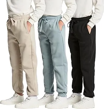 Real Essentials 3 Pack: Boys Tech Fleece Jogger Active Sweatpants with Pockets - Youth Soft Athletic Joggers (Size 6-24)