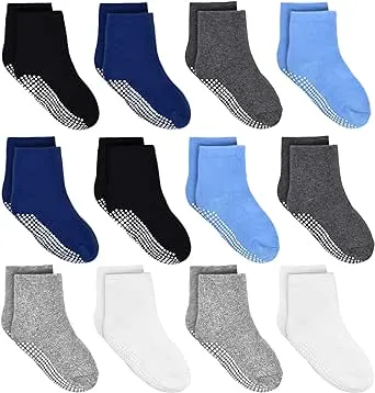 Tphon Kids Non Slip Toddler Boy Grip Socks 12 Pairs Anti Skid Sticky Socks for 1-10 Years Infants Baby Children