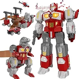 Transforming Toys - Dinosaur Robot Action Figures - Magnetic Assembling Robot Toys for Kids All-in-One Design Transforming Animals, Robots, Military Base Including Battle Guns, Cars, Airplane Models