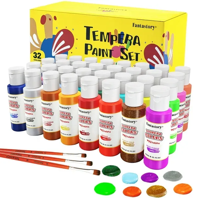 Fantastory Tempera Paint for Kids 32 Colors (2 oz Each) Washable Tempera Paint, Kids Poster Paint Sponge Painting, Non-Toxic Kids Paint Finger