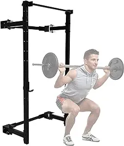 PRx Performance Wall Mounted Folding Power Squat Rack - Heavy Duty Adjustable Pull Up Bar, Space Saving Home Gym Equipment with Durable J-Cups, Ideal for Weight Lifting and Strength Training - Black