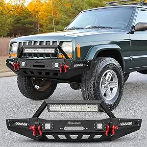 BESTZHEYU Front Bumper Compatible with 1989 1990 1991 1992 1993 1994 1995 1996 1997 1998 1999 2000 2001 Cherokee XJ Black Steel Offroad Rear Bumpers