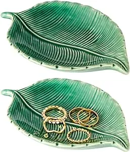 2-Pack Small Green Leaf-Shaped Trinket Tray, 5.3x3.6x0.8-Inch Ceramic Jewelry Dish