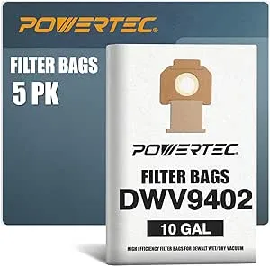 POWERTEC 75063-P2 10 Pack Filter Bags for DXVA19-4101, fits DeWalt 6-10 Gal Dust Extractors, DXV06P, DXV09P, DXV10P, DXV10S, DXV10SA, DXV10SB