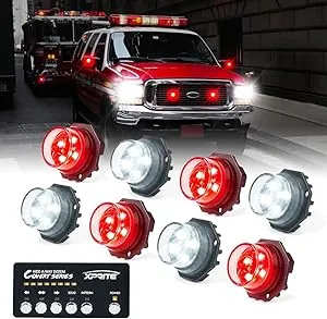 Xprite White Red LED Hideaway Strobe Lights Kit, 20 Flashing Patterns w/Control Panel Headlights Taillights Fog Light Interior Mounting, for Emergency Vehicles Firefighter Cars Trucks SUV 8PCS