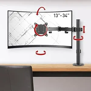 Barkan Monitor Desk Mount for Flat/Curved Screens Sizes 13-34 inch, Full Motion - 5 Movements, Ergonomic, 360 Degree Rotation, Touch & Tilt, Holds up to 17.6 lbs, Grommet Hole Compatible